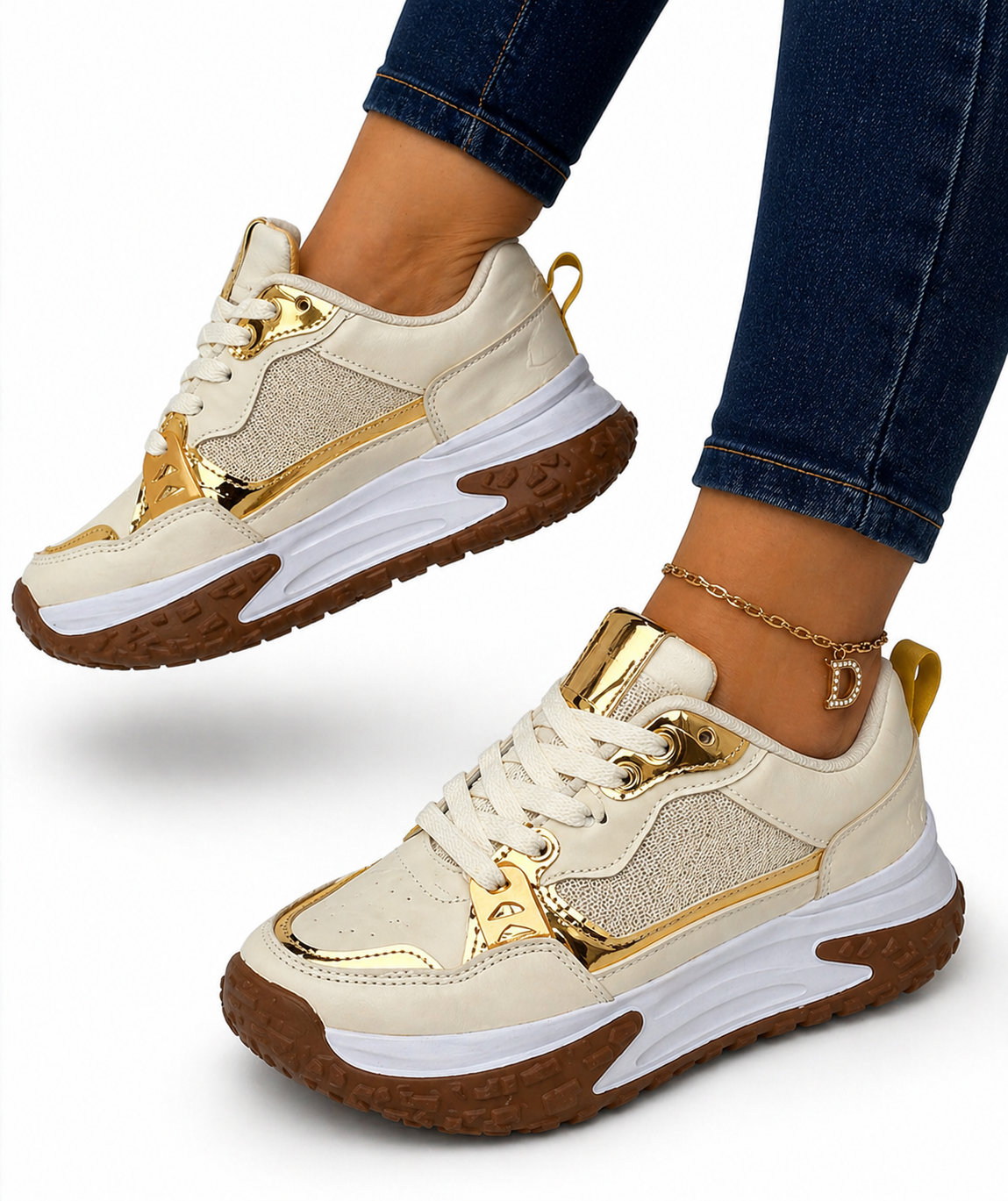 Tenis Premium Dama Mt Beige Dorado