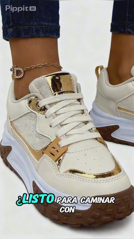 Tenis Premium Dama Mt Beige Dorado