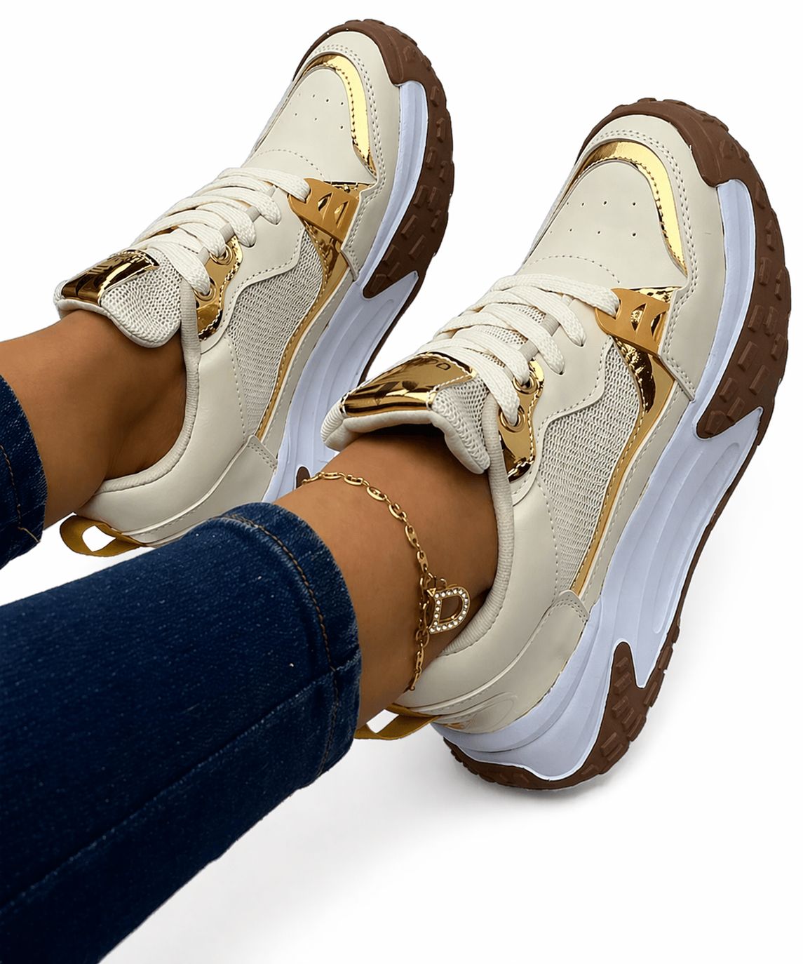 Tenis Premium Dama Mt Beige Dorado
